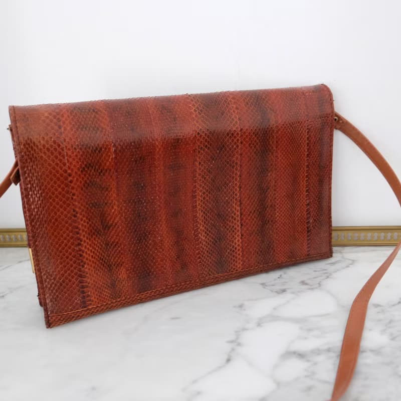 法國復古啡紅色蛇皮袋