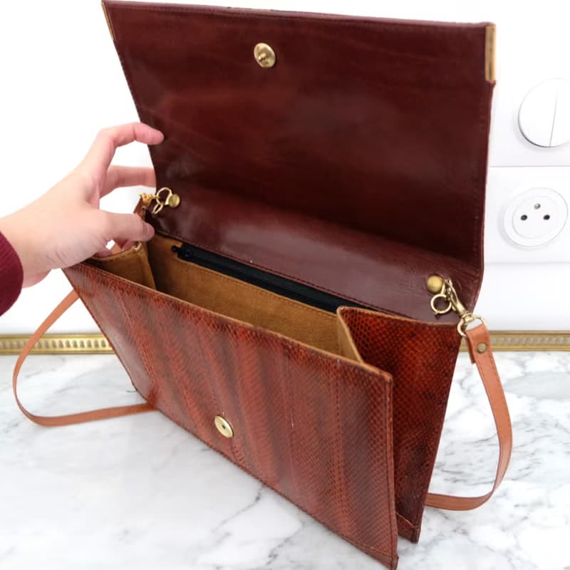 法國復古啡紅色蛇皮袋