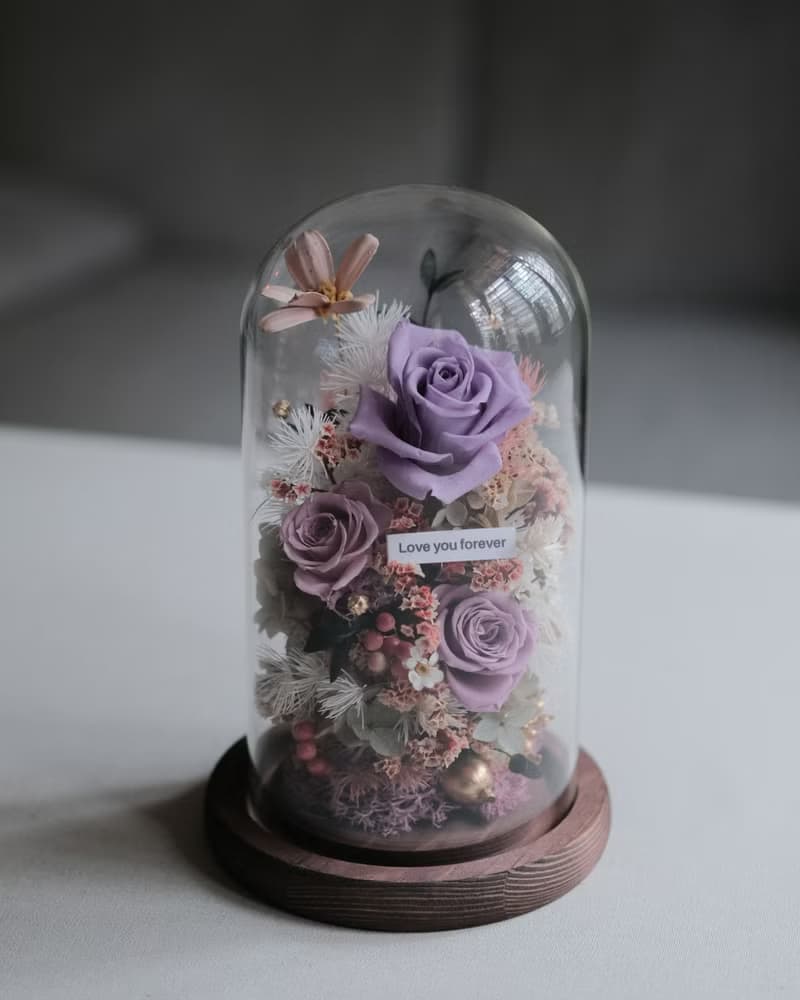 永生花乾燥花玻璃盅-紫羅蘭花園 /生日禮物/刻字/母親節禮物/開幕