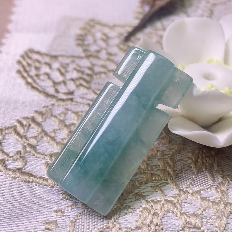 冰種飄藍花翡翠金財庫刀壁項鍊 | 天然緬甸玉A貨翡翠 | 送禮
