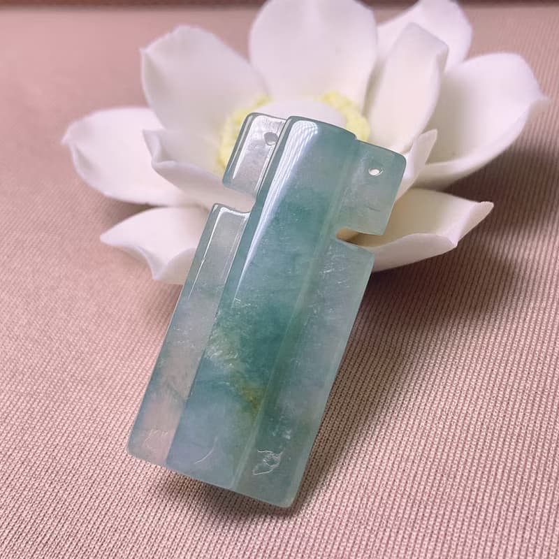 冰種飄藍花翡翠金財庫刀壁項鍊 | 天然緬甸玉A貨翡翠 | 送禮