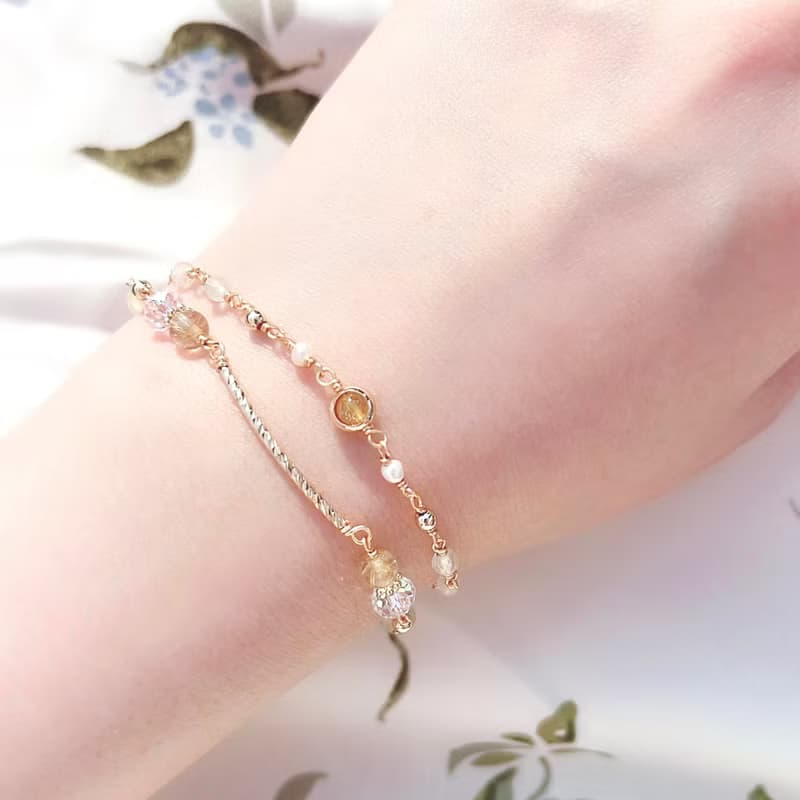 金髮晶 葡萄石 月光石 淡水珍珠 14包金 天然水晶 雙層手鍊