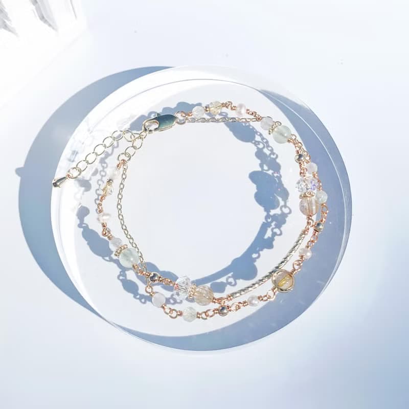 金髮晶 葡萄石 月光石 淡水珍珠 14包金 天然水晶 雙層手鍊