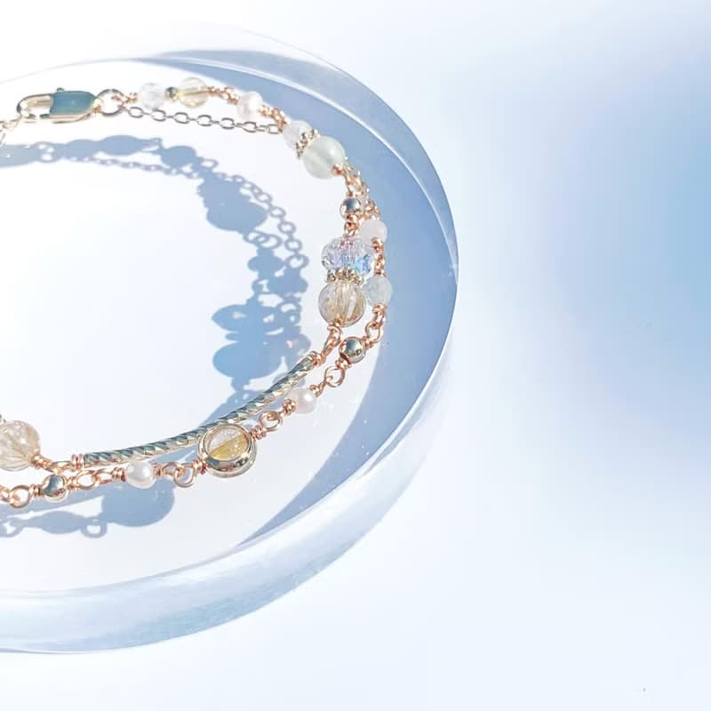 金髮晶 葡萄石 月光石 淡水珍珠 14包金 天然水晶 雙層手鍊