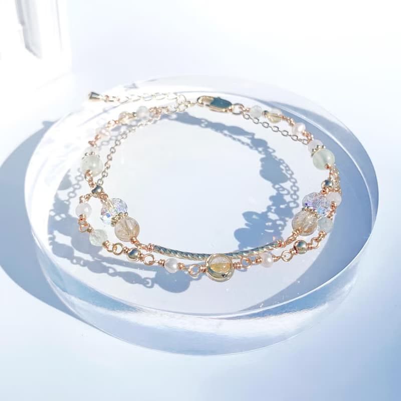 金髮晶 葡萄石 月光石 淡水珍珠 14包金 天然水晶 雙層手鍊