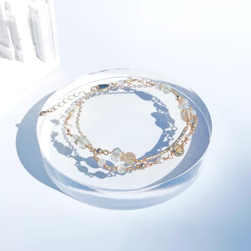 金髮晶 葡萄石 月光石 淡水珍珠 14包金 天然水晶 雙層手鍊