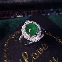 招財|貴氣|A貨翡翠冰玻綠大蛋面9mm純銀鍍18k小豪鑲戒指