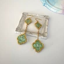 Clover Dangle Earrings Handmade Beaded Jewelry 24K gold Plated Chain Green