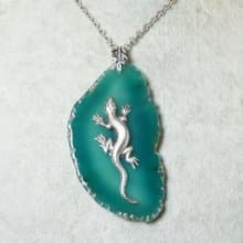 Silver Lizard Necklace Green Agate Slice Slab Stone Pendant Necklace Jewelry