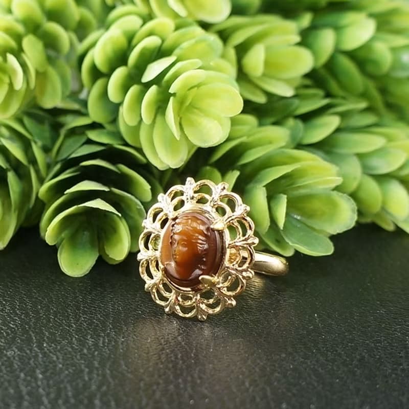 Brown Vintage Glass Lady Girl Cameo Golden Filigree Adjustable Ring Jewelry Gift
