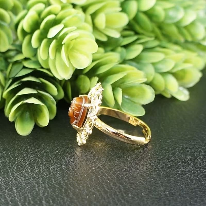 Brown Vintage Glass Lady Girl Cameo Golden Filigree Adjustable Ring Jewelry Gift