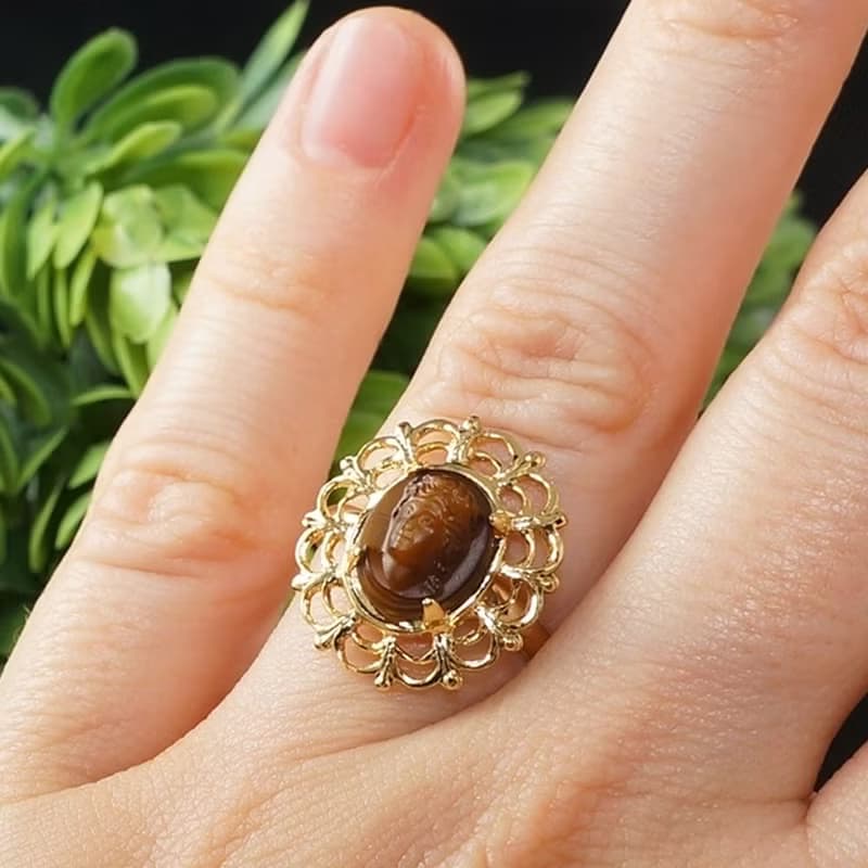 Brown Vintage Glass Lady Girl Cameo Golden Filigree Adjustable Ring Jewelry Gift
