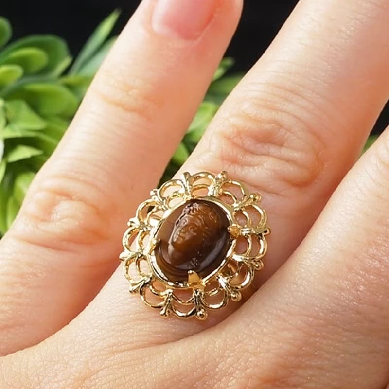 Brown Vintage Glass Lady Girl Cameo Golden Filigree Adjustable Ring Jewelry Gift