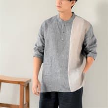 Blue & J Natural Linen Shirt Mandarin Collar Shirt Patchwork - Grey/Beige