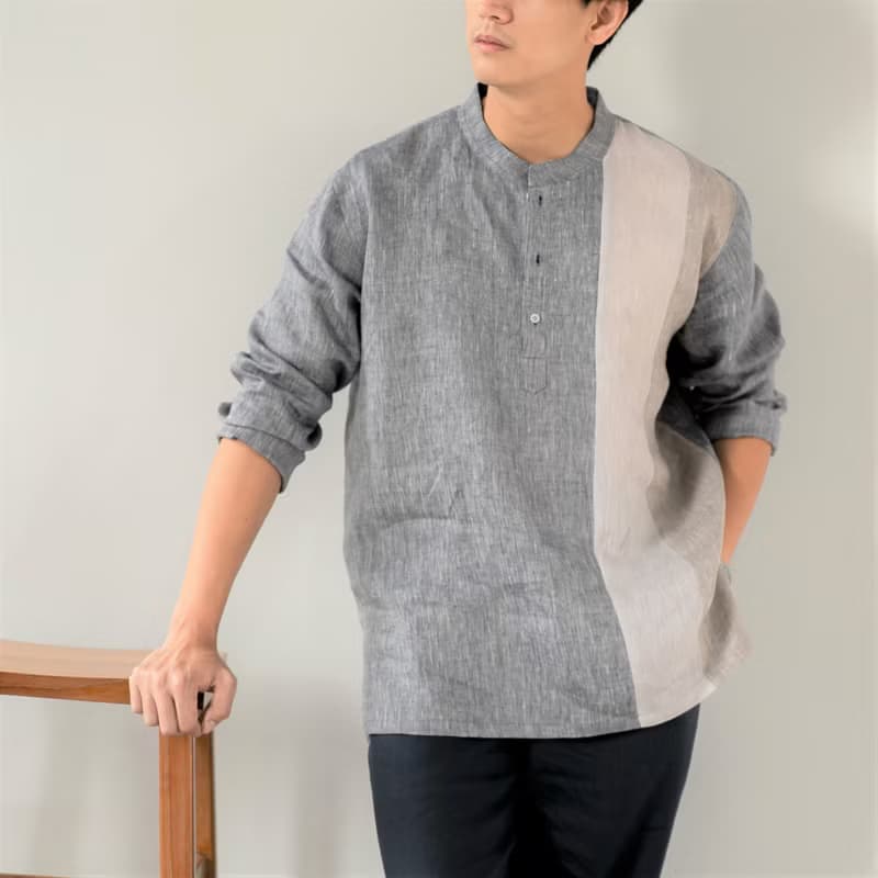 Blue & J Natural Linen Shirt Mandarin Collar Shirt Patchwork - Grey/Beige