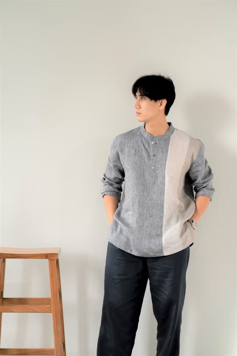 Blue & J Natural Linen Shirt Mandarin Collar Shirt Patchwork - Grey/Beige