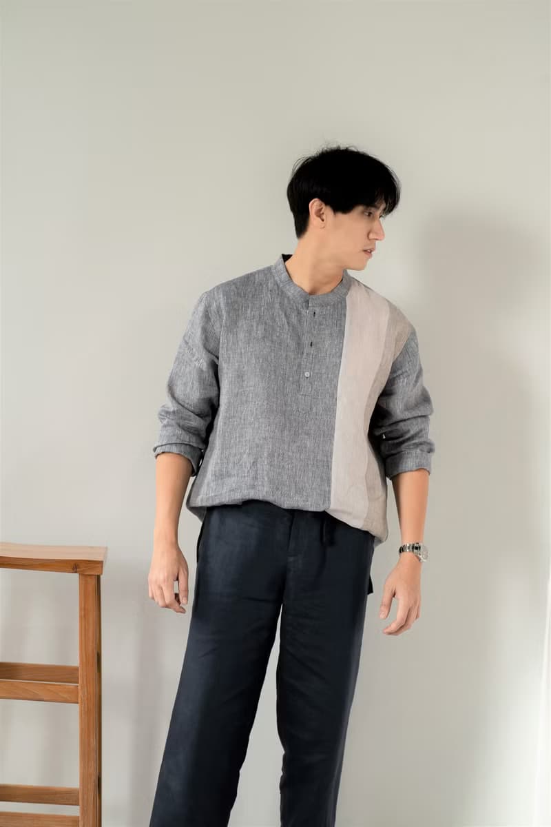 Blue & J Natural Linen Shirt Mandarin Collar Shirt Patchwork - Grey/Beige