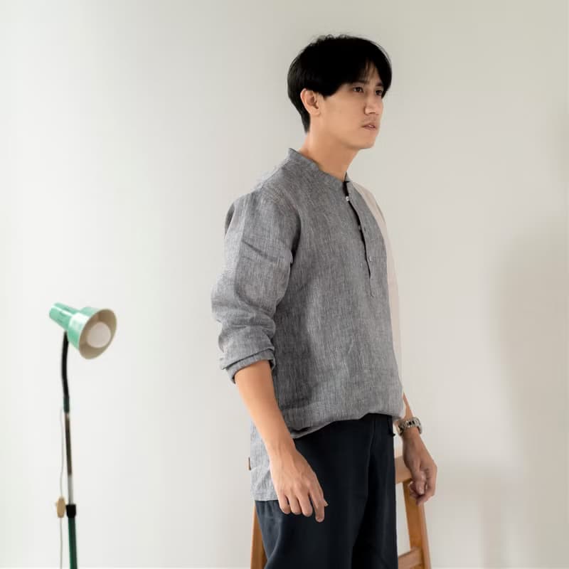 Blue & J Natural Linen Shirt Mandarin Collar Shirt Patchwork - Grey/Beige