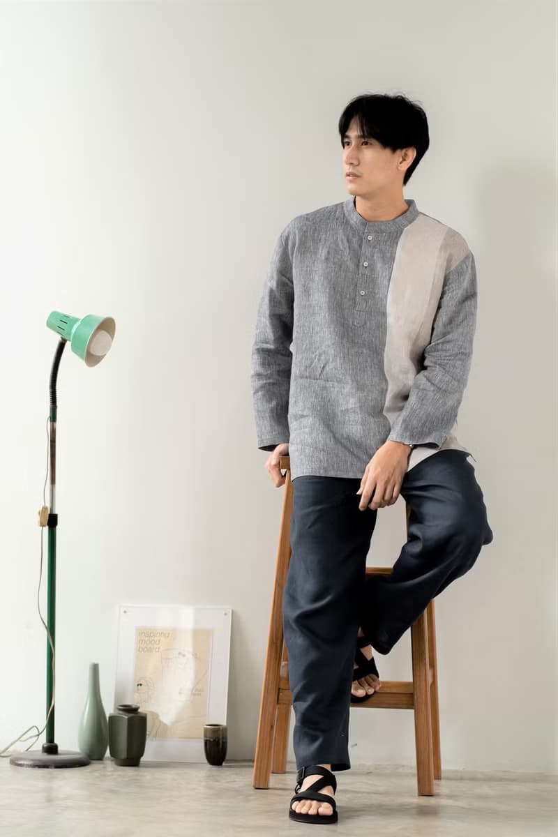 Blue & J Natural Linen Shirt Mandarin Collar Shirt Patchwork - Grey/Beige