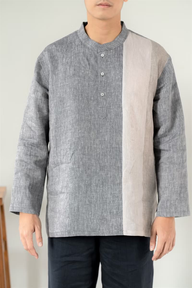 Blue & J Natural Linen Shirt Mandarin Collar Shirt Patchwork - Grey/Beige