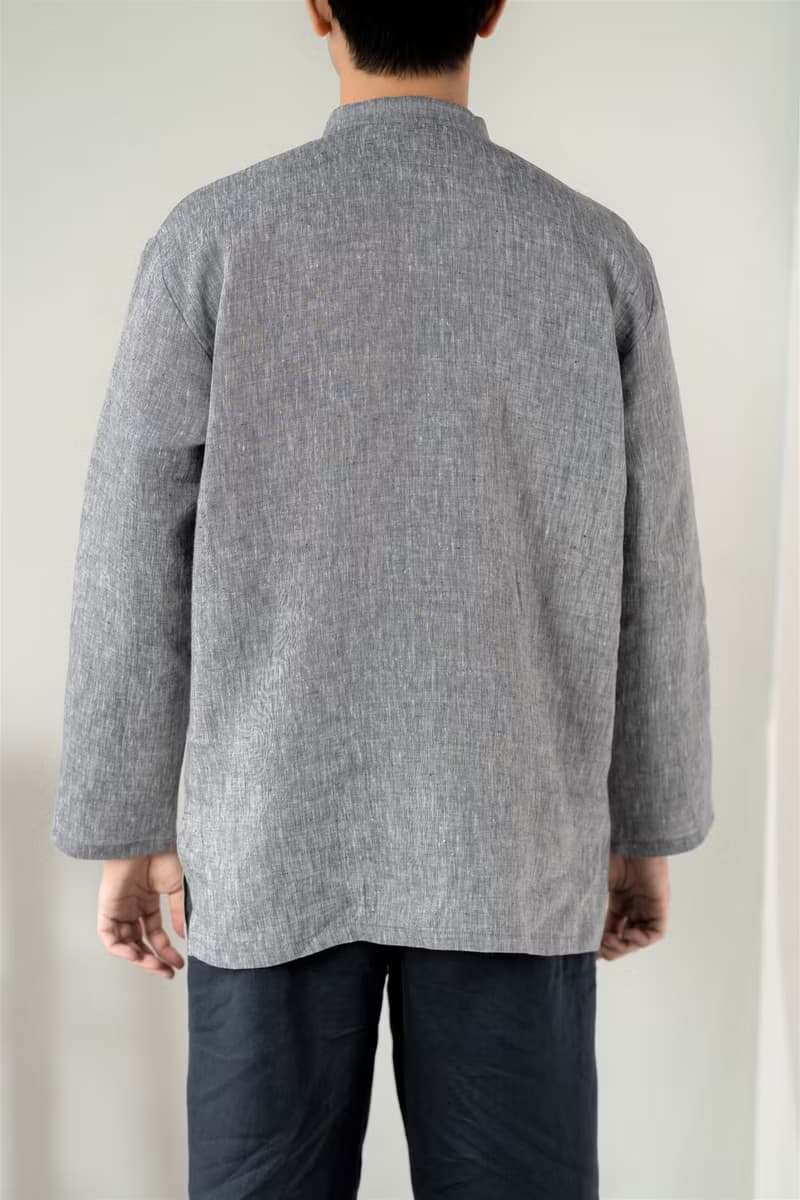 Blue & J Natural Linen Shirt Mandarin Collar Shirt Patchwork - Grey/Beige