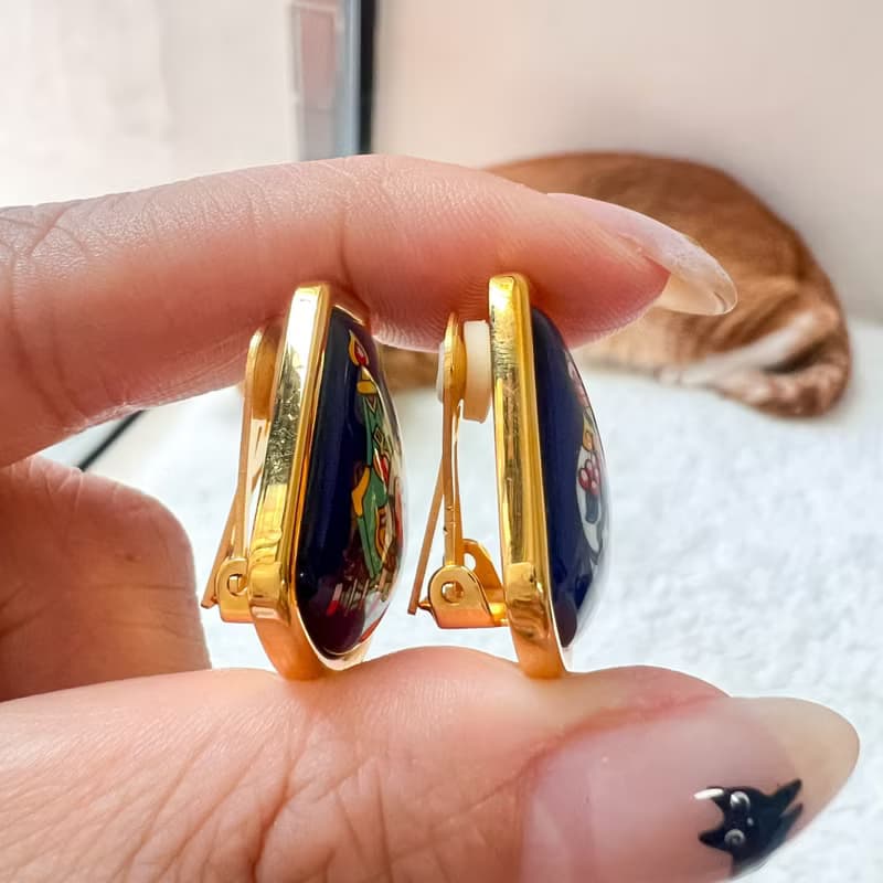 【日本中古】Vintage HERMÈS 七寶燒琺瑯青花瓷耳夾 原裝盒附