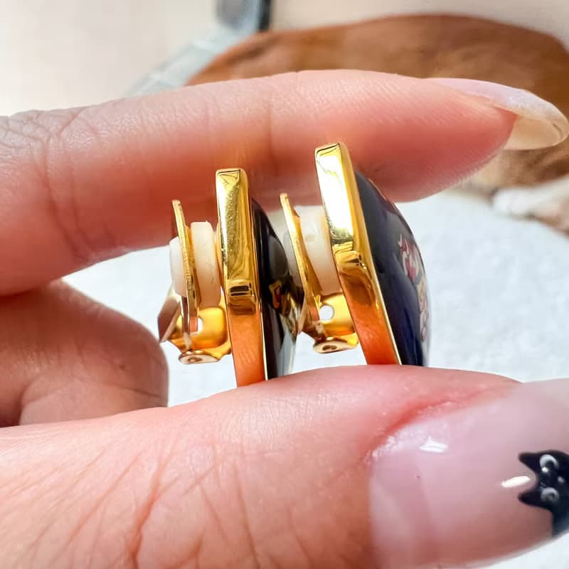 【日本中古】Vintage HERMÈS 七寶燒琺瑯青花瓷耳夾 原裝盒附