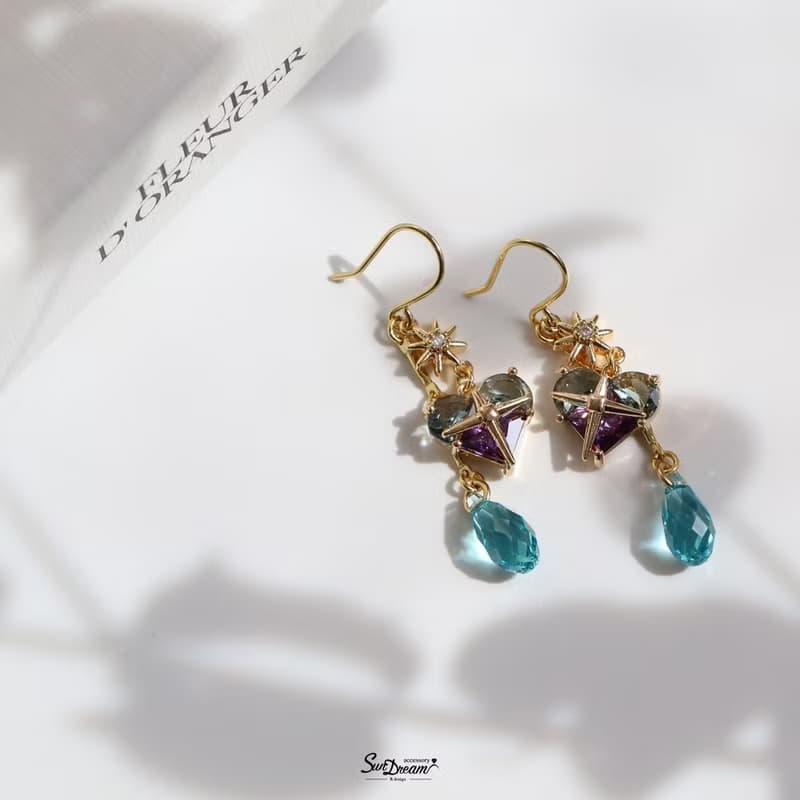 夏日之心水晶耳環-神秘藍紫 耳夾耳環 水晶耳環 禮物 愛心耳環