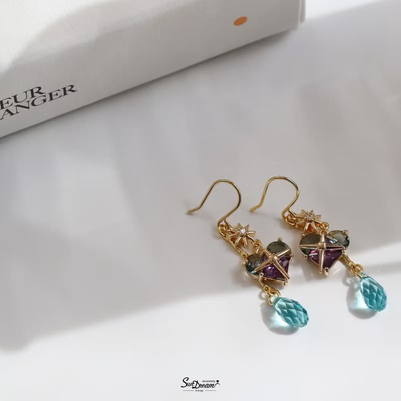 夏日之心水晶耳環-神秘藍紫 耳夾耳環 水晶耳環 禮物 愛心耳環