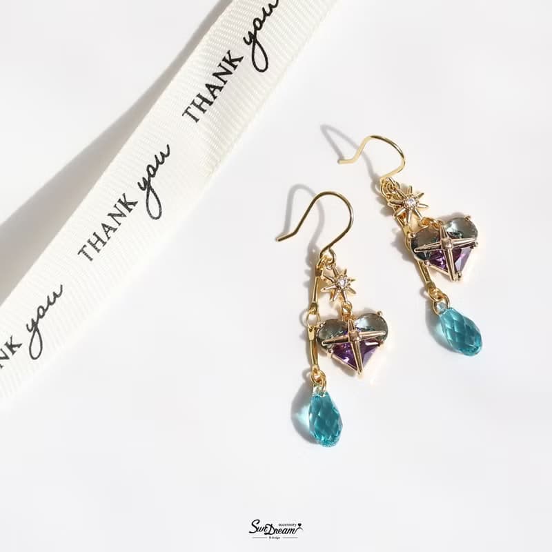 夏日之心水晶耳環-神秘藍紫 耳夾耳環 水晶耳環 禮物 愛心耳環