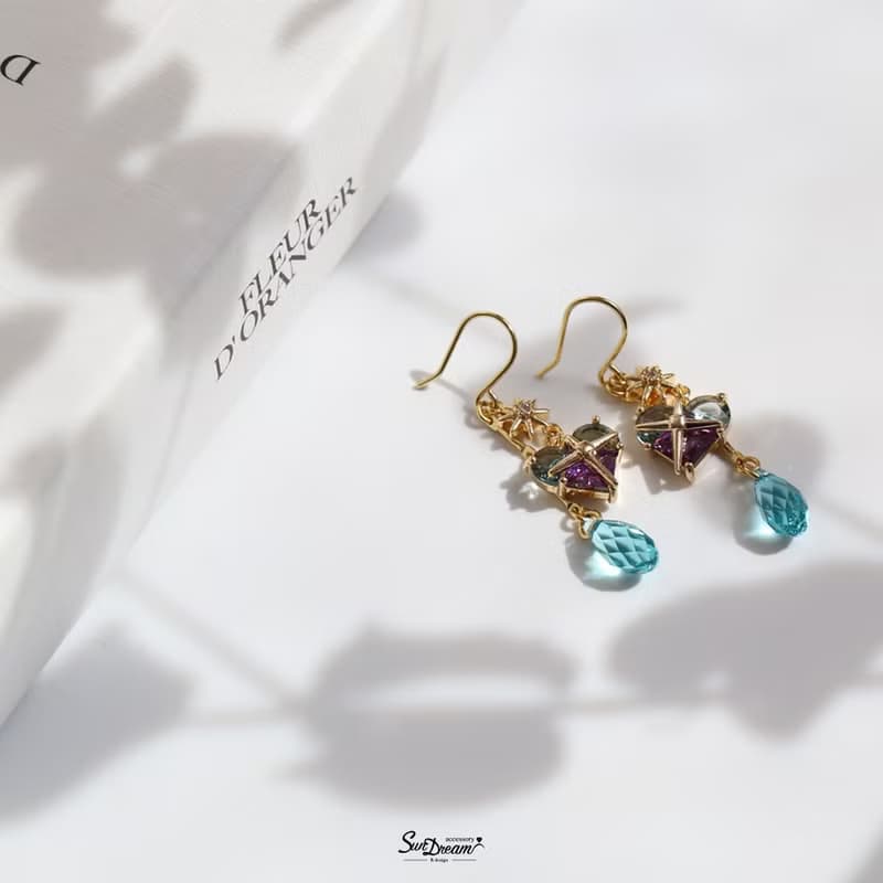 夏日之心水晶耳環-神秘藍紫 耳夾耳環 水晶耳環 禮物 愛心耳環