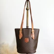 【 日本直送　名牌中古包 】CELINE セリーヌ マカダム トートバッグ ブラウン ロゴ型押し PVC レザー vintage ヴィンテージ wrcpks