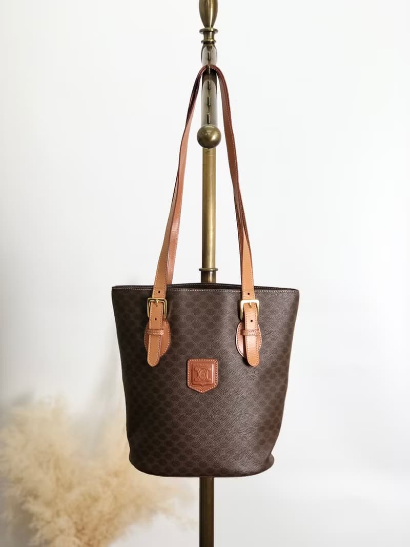【 日本直送　名牌中古包 】CELINE セリーヌ マカダム トートバッグ ブラウン ロゴ型押し PVC レザー vintage ヴィンテージ wrcpks