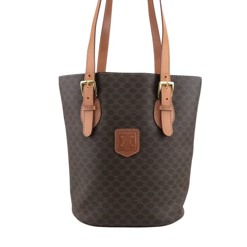 【 日本直送　名牌中古包 】CELINE セリーヌ マカダム トートバッグ ブラウン ロゴ型押し PVC レザー vintage ヴィンテージ wrcpks