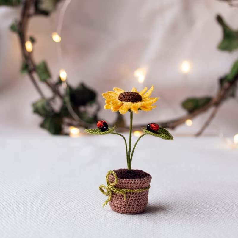 盆中的微型向日葵和瓢蟲鮮花禮物童話花園禮物