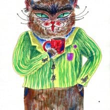 Cat Painting Original Watercolor Cat with a Cup of Coffee. Watercolor painting