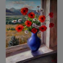 Canvas Painting Flowers Bouquet of poppies and daisy  Original Floral Still life