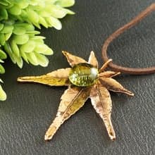 Copper Maple Leaf Necklace Olive Green Glass Forest Pendant Necklace Jewelry