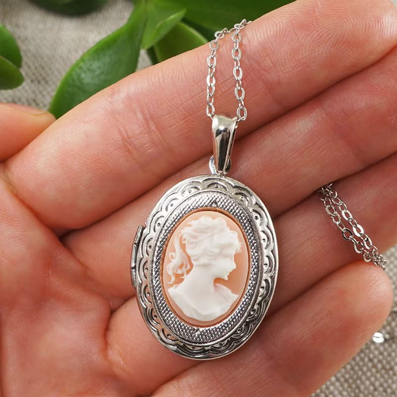 Pink Lady Girl Cameo Locket Oval Silver Photo Locket Pendant Necklace Jewelry