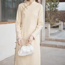 淺黃色 2色 毛呢千鳥格秋冬中長修身洋裝 新中式中秋春節改良旗袍