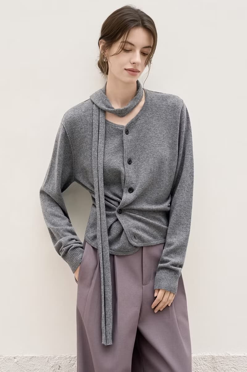 法式復古 / 圍巾設計感針織開衫 / 重磅羊毛