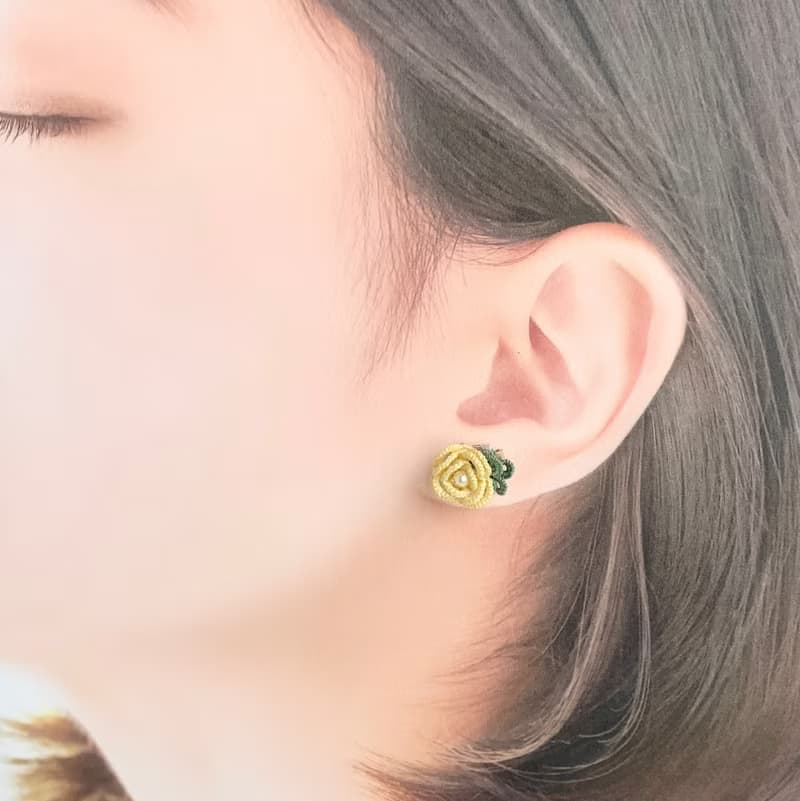 立體玫瑰花系列 梭織玫瑰耳環 黃色 禮物 防過敏