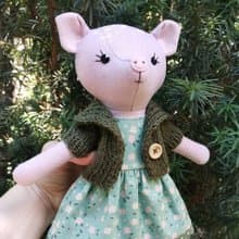 Pink pig girl, handmade plush toy, wool stuffed piggy doll