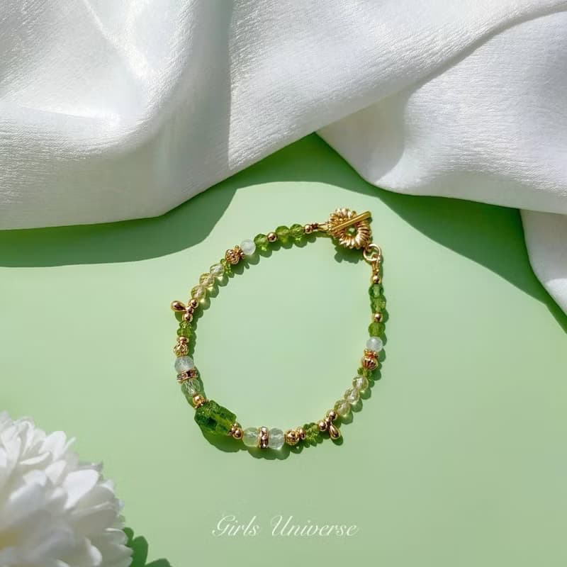 梢過林間。橄欖石原礦 葡萄石 黃水晶 14K包金 水晶礦石設計手鍊