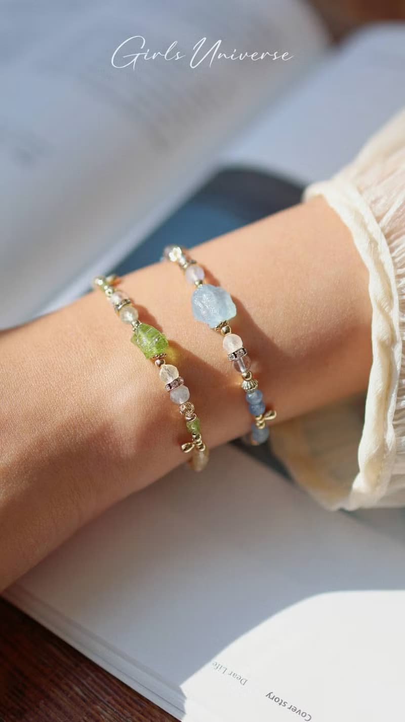 梢過林間。橄欖石原礦 葡萄石 黃水晶 14K包金 水晶礦石設計手鍊