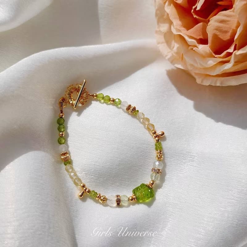 梢過林間。橄欖石原礦 葡萄石 黃水晶 14K包金 水晶礦石設計手鍊