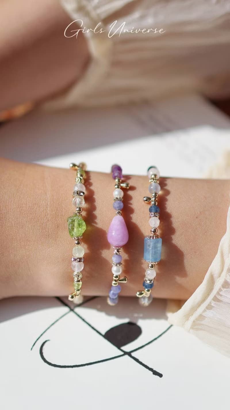 梢過林間。橄欖石原礦 葡萄石 黃水晶 14K包金 水晶礦石設計手鍊