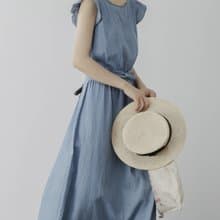 法式復古 夏日清新牛仔棉質小飛袖長款洋裝