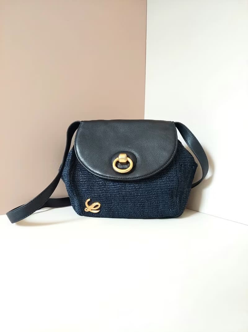 稀有中古二手Loewe海軍藍黑色編織拼色側背斜孭皮革小包單肩手袋