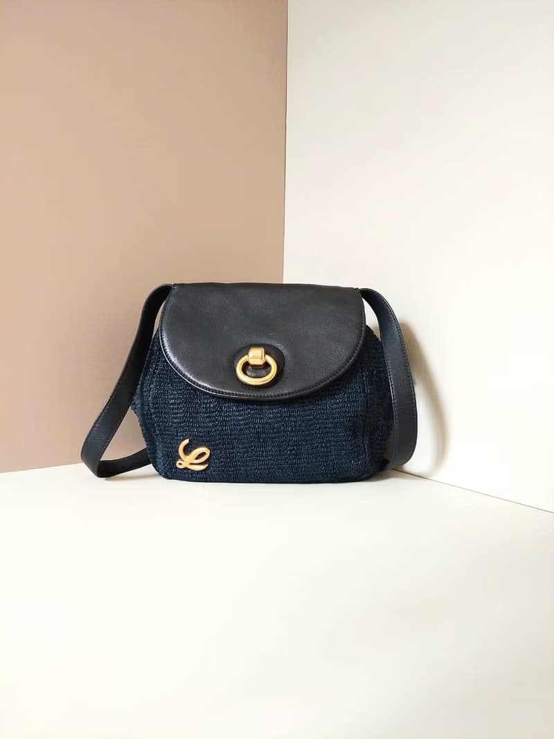 稀有中古二手Loewe海軍藍黑色編織拼色側背斜孭皮革小包單肩手袋